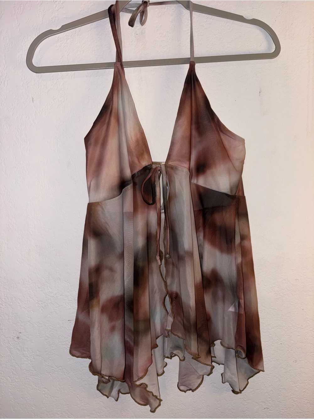 Sheer Tie-Front Halter Camisole in Brown Multi
